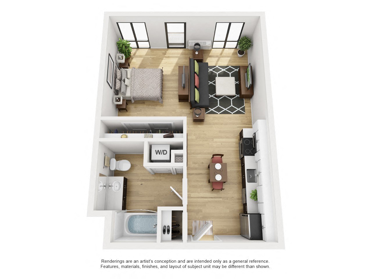 Floor plan for studio, 1 bath, 580 sqft